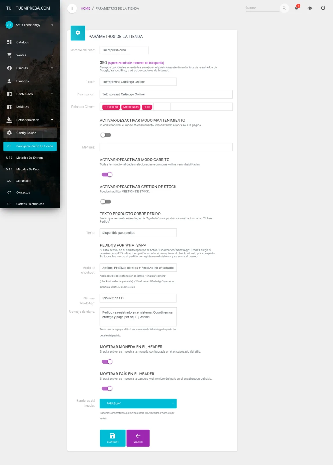 Pantalla de Configuración de la tienda en el panel de MaxTiendas