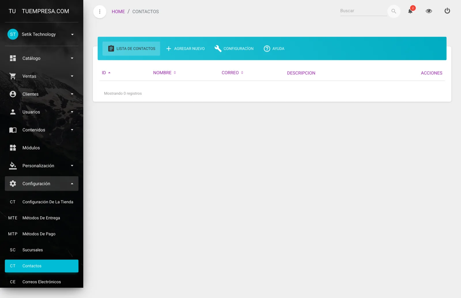 Listado de correos de contacto en el panel de MaxTiendas