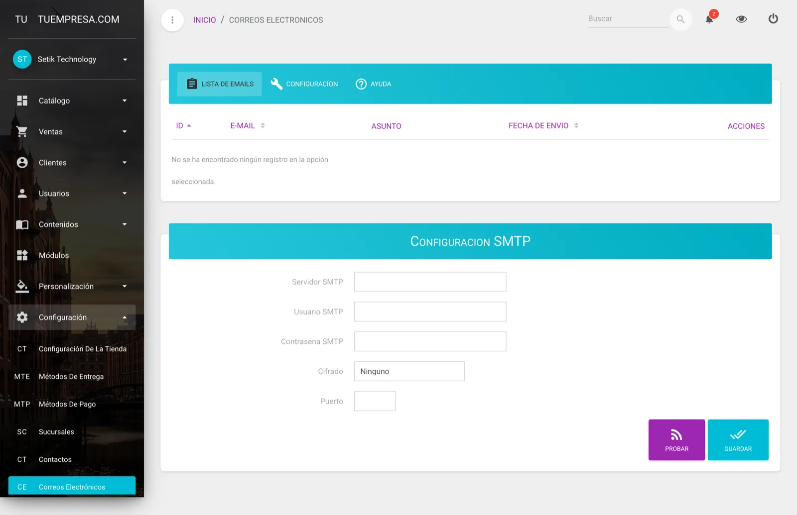 Formulario de configuración SMTP en el panel de MaxTiendas