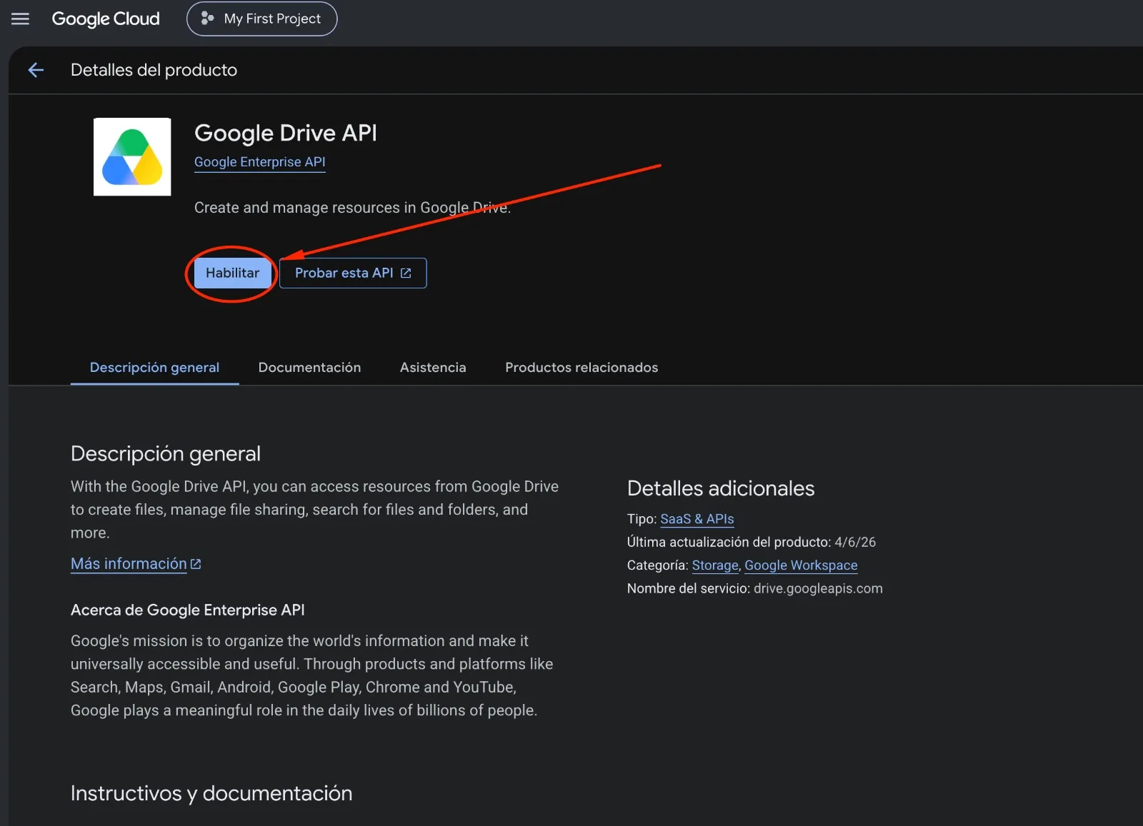 Ficha de Google Drive API con el botón Habilitar marcado