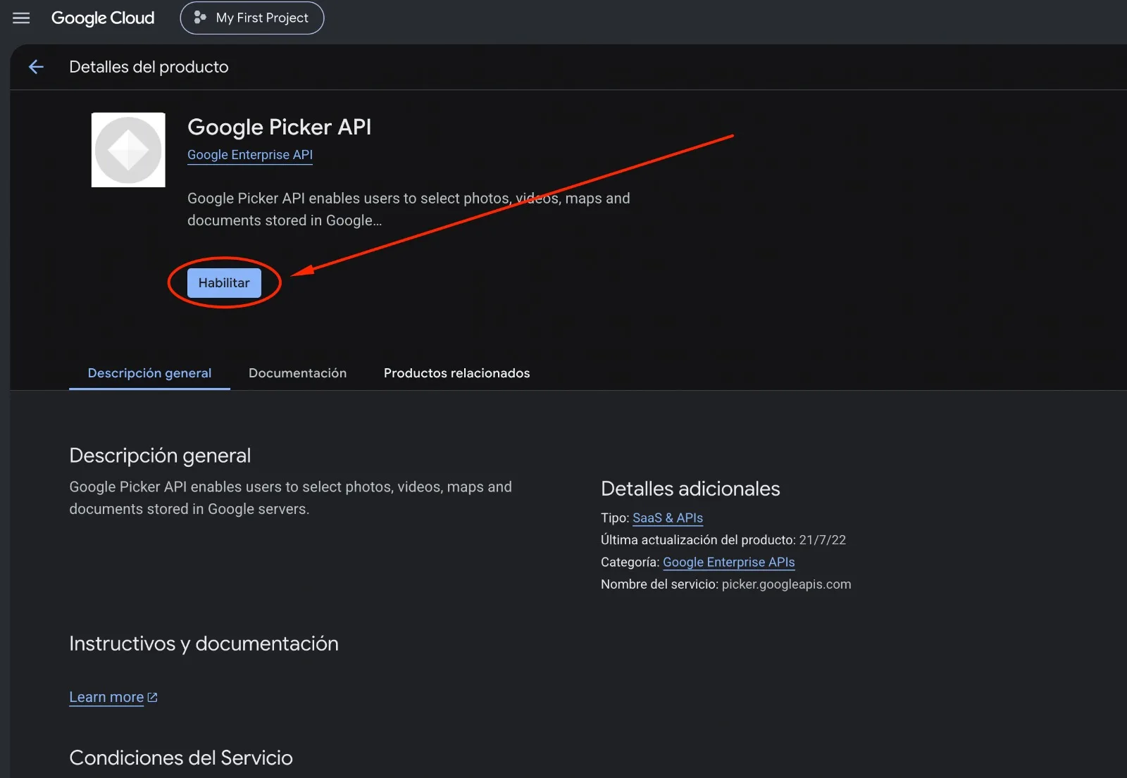 Ficha de Google Picker API con el botón Habilitar marcado