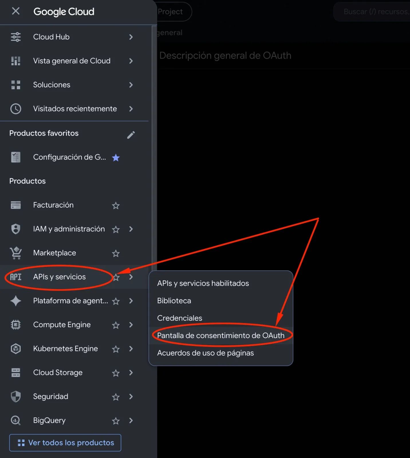 Menú de Google Cloud con APIs y servicios abierto y la opción Pantalla de consentimiento de OAuth marcada