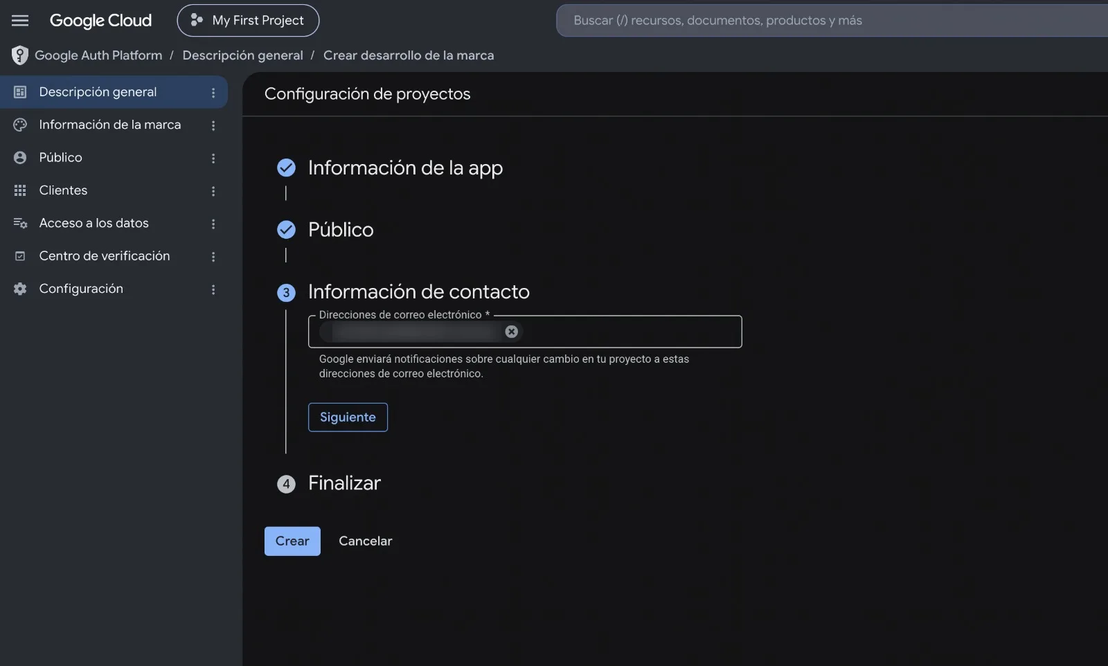 Tercer paso del asistente, con la dirección de correo para las notificaciones del proyecto