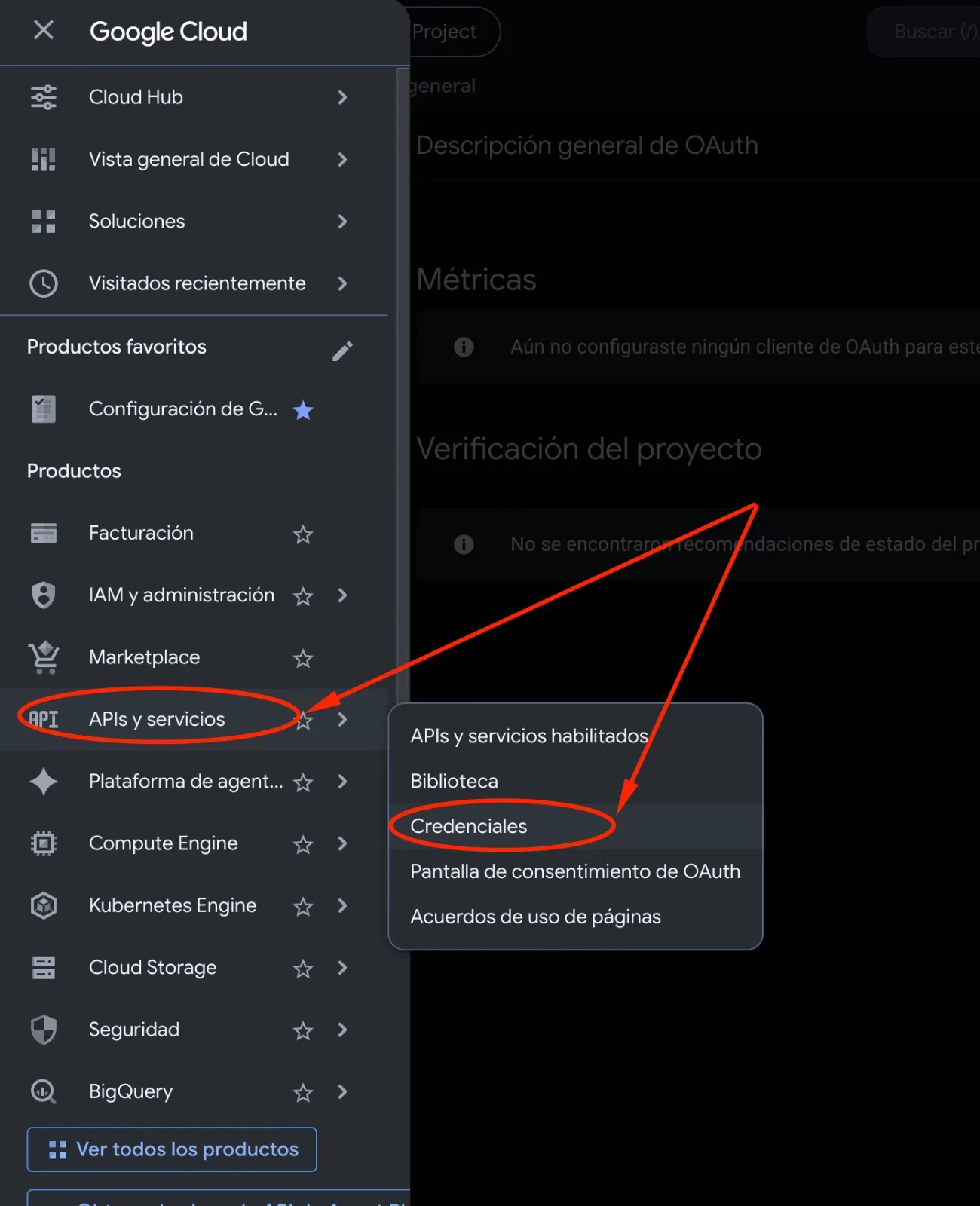 Menú de Google Cloud con APIs y servicios abierto y la opción Credenciales marcada