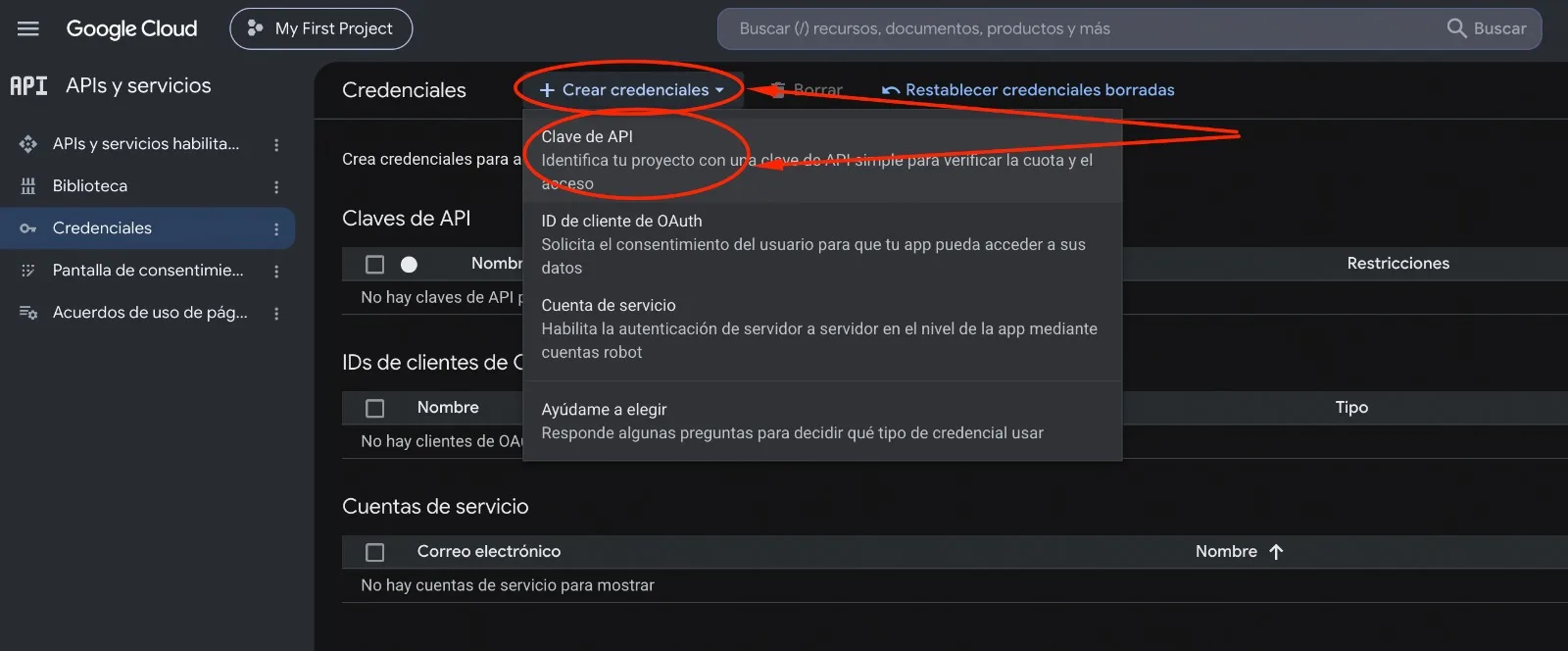 Menú Crear credenciales desplegado, con la opción Clave de API marcada