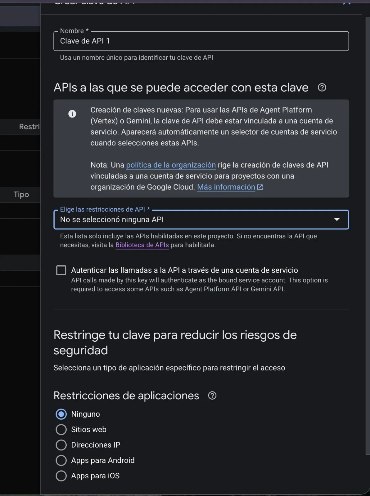 Panel de creación de la clave de API, con el nombre y el selector de restricciones de API