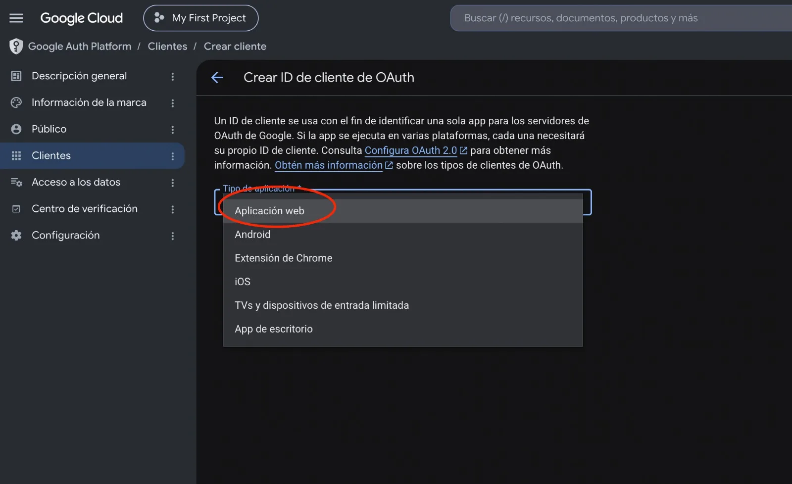 Desplegable de tipo de aplicación al crear el ID de cliente, con Aplicación web marcada