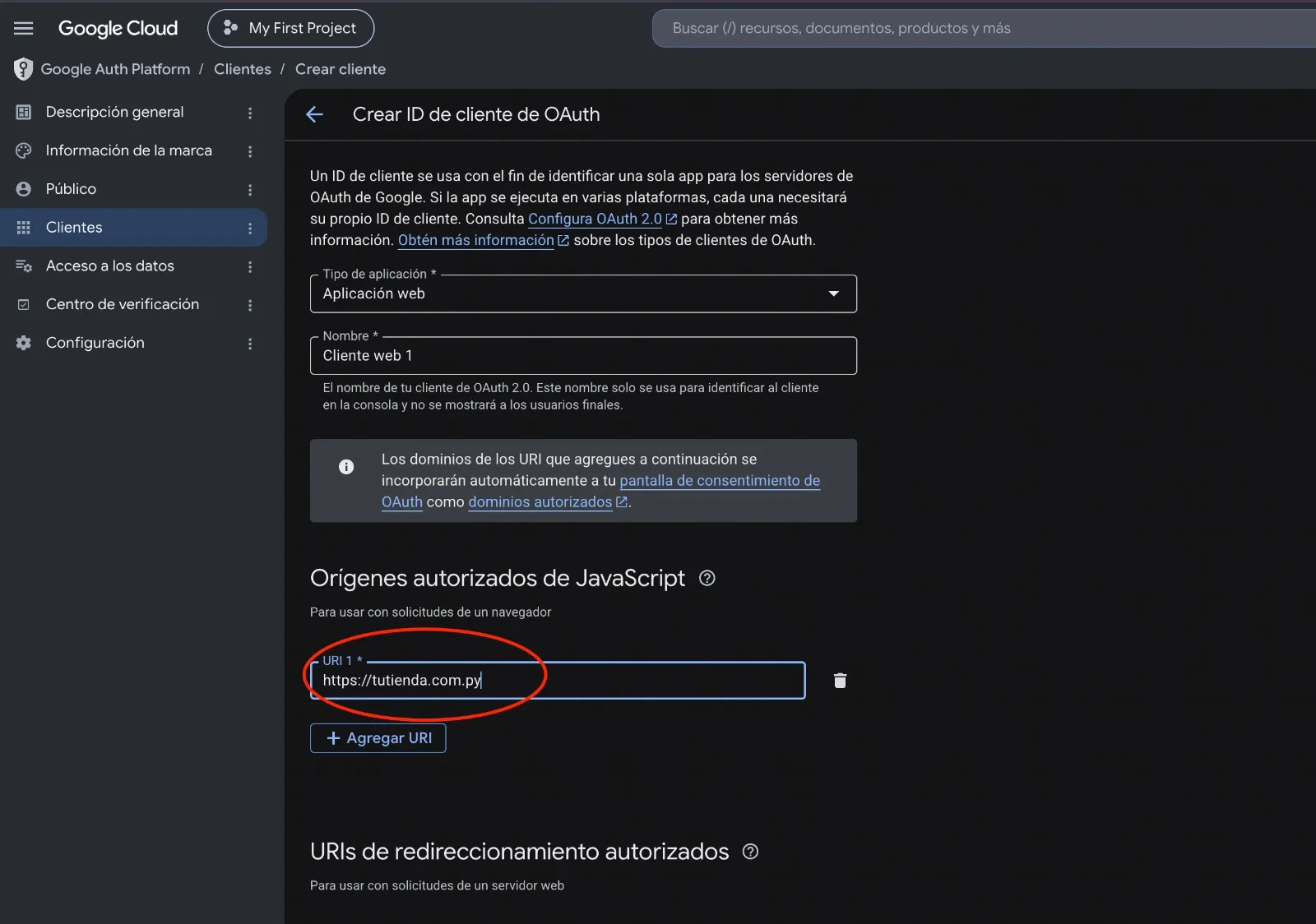 Formulario del ID de cliente con la dirección del panel cargada en Orígenes autorizados de JavaScript
