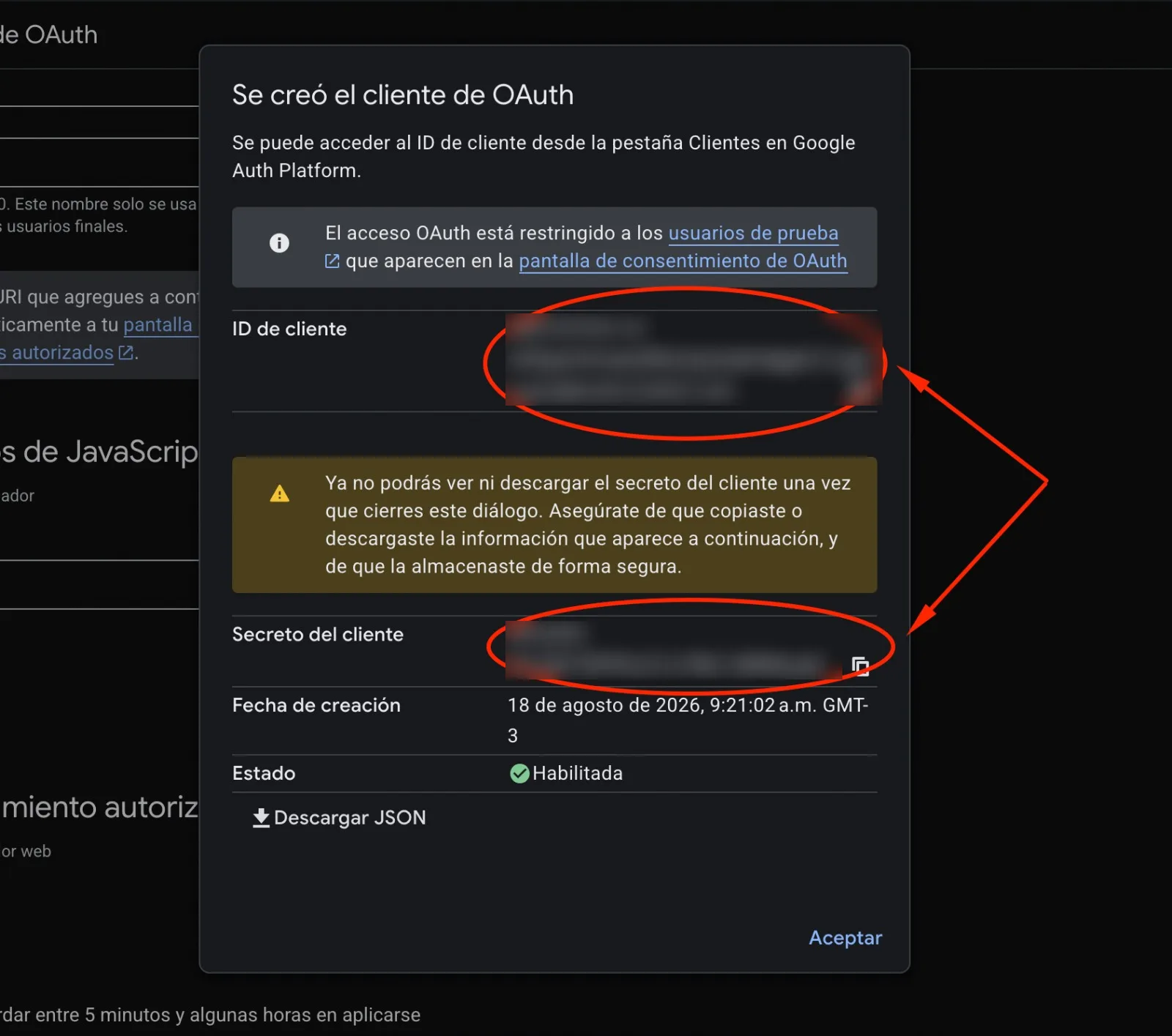 Cartel Se creó el cliente de OAuth mostrando el ID de cliente y el secreto del cliente
