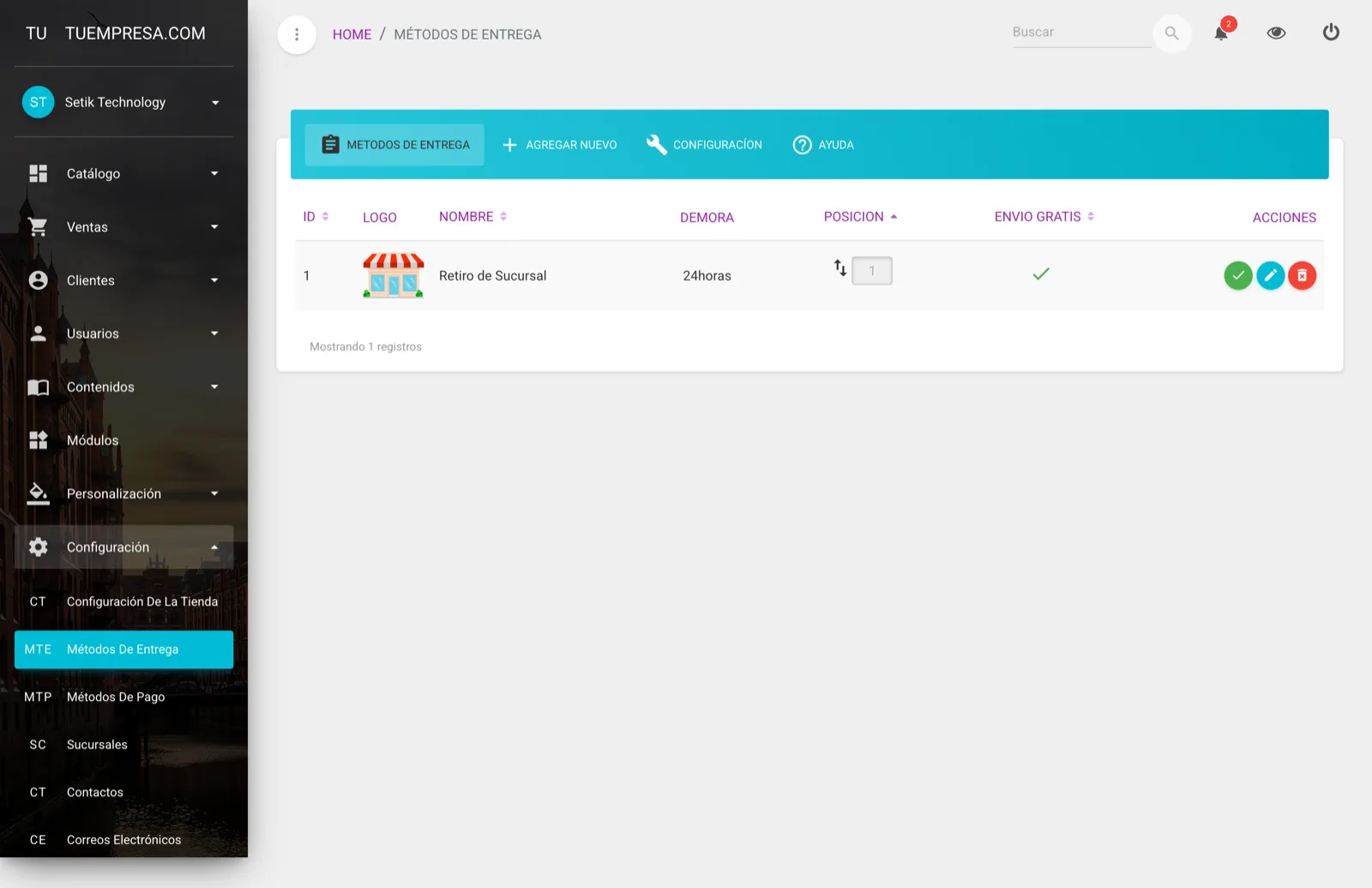 Lista de métodos de entrega en el panel de MaxTiendas